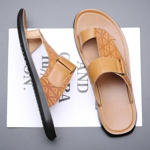 PU Outsole Genuine Leather Upper Men’s Indoor Outdoor Multi Use Home Sports Sandals Men Outdoor Slippers Summer