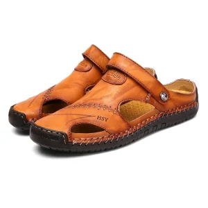 Plus Size Men’s Casual Sandals Breathable Slip On Leather Beach Shoes Flat Outdoor Summer Winter Beach Slippers