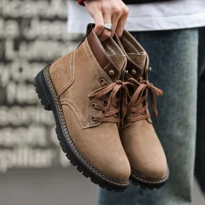 Retro British Style Men’s Work Boots Casual Lace Up Mesh Upper Ankle Bootie Rubber Outsole Toe Winter Solid