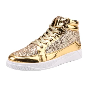 Retro High-Top Men’s Sneakers Large Size 48 Quality Golden Artificial Leather Glossy Upper Soft Lightweight Fashionable Running