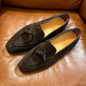 Slipper One-Piece Men’s Sneaker Leather Embossed Goodyear Welted Summer Business Casual Dark Coffee Color