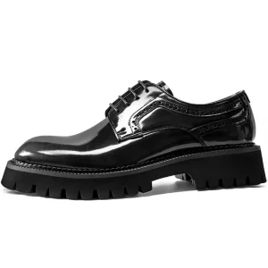 Spring Autumn Korean Style Men’s Genuine Leather Toe Breathable Lace up Thick Sole Patent Leather British Casual Wedding Shoes