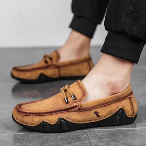 Spring New Cross-border Men’s Casual Leather Shoes Hand-sewn Slip-on Driving Loafers Solid Color