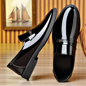 Spring Waterproof Pointed Toe Work Mirror Surface Slip On Formal PU Shoes Men’s Black Business Casual