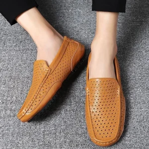 Summer Breathable Hollow Out Woven Leather Comfortable Slip-on Lightweight Fashion Men’s Loafers
