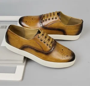 Trendy Genuine Cow Leather Shoes Round-toe Lace-up Closure Flat Shoes Walking Style Skateboard Men’s Casual Shoes
