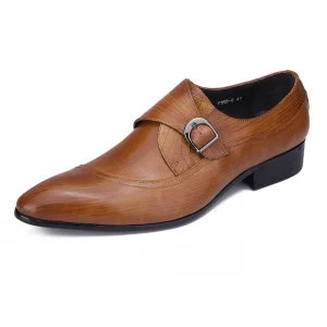Versatile Business Formal Men’s Leather Heels with Embossed Design and Glossy Finish Pointed Toe Wedding Shoes