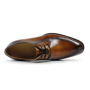 Vintage Amber Brown Men’s Derby Shoes Handmade Patina Whole Cut Real Leather Sole Oxford Shoes