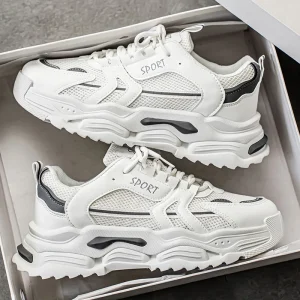White Men’s Lace-Up Shoes Summer Breathable Mesh EVA Midsole Height-Increasing Thick-Soled Sports Casual Running Dad Trendy