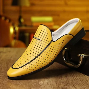 Xuanhui Big Size 39 47 Summer Hollow Out Breathable Half Shoes Red Men’s Mules Point Toe Slip on Business Casual Dress Slippers